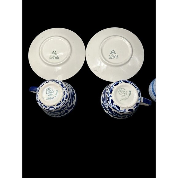 Anfora Puebla Blue Teacup Saucer Hand Painted Mexico Collect Early Mark Vintage - Picture 5 of 13